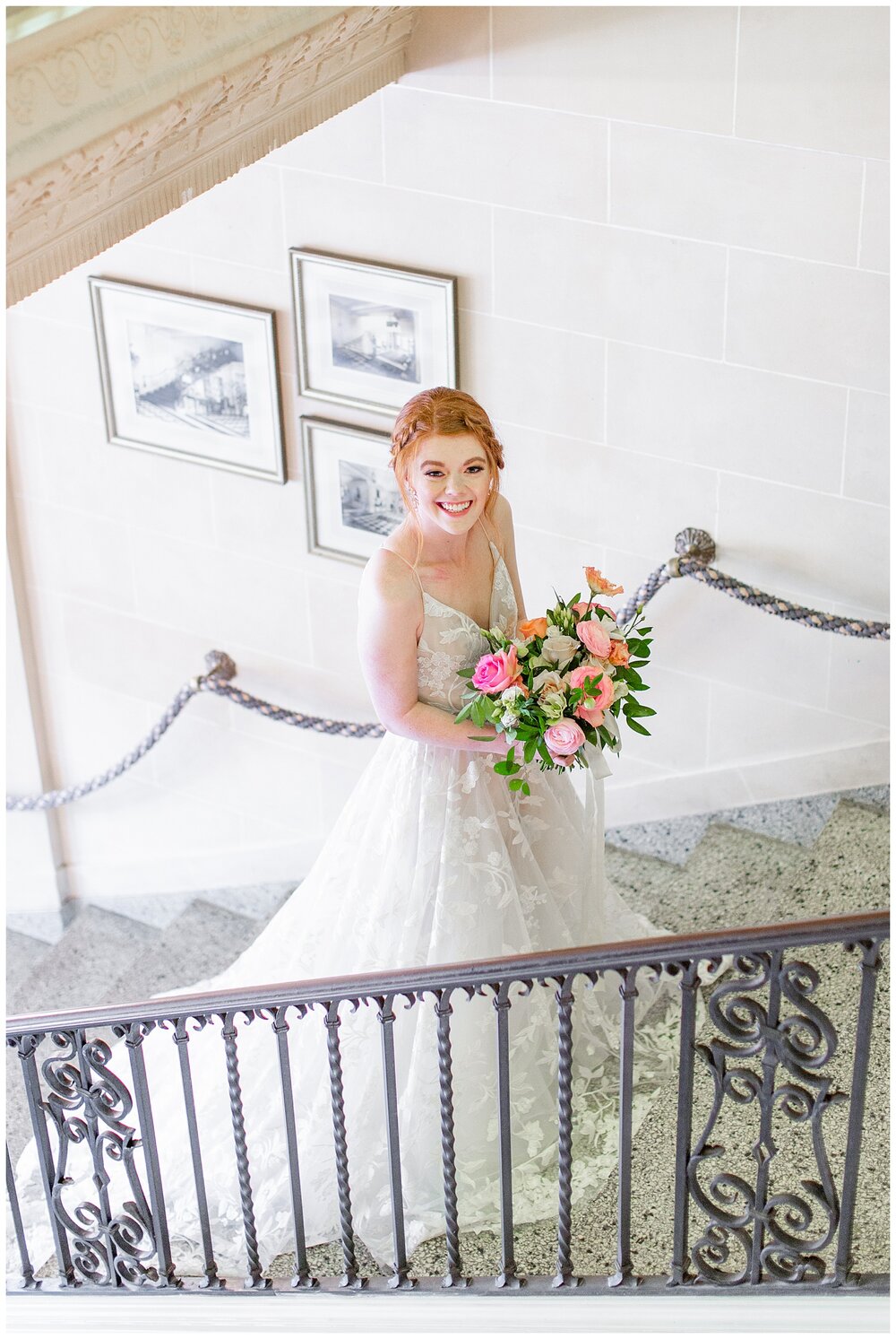 wedding dress on stair case