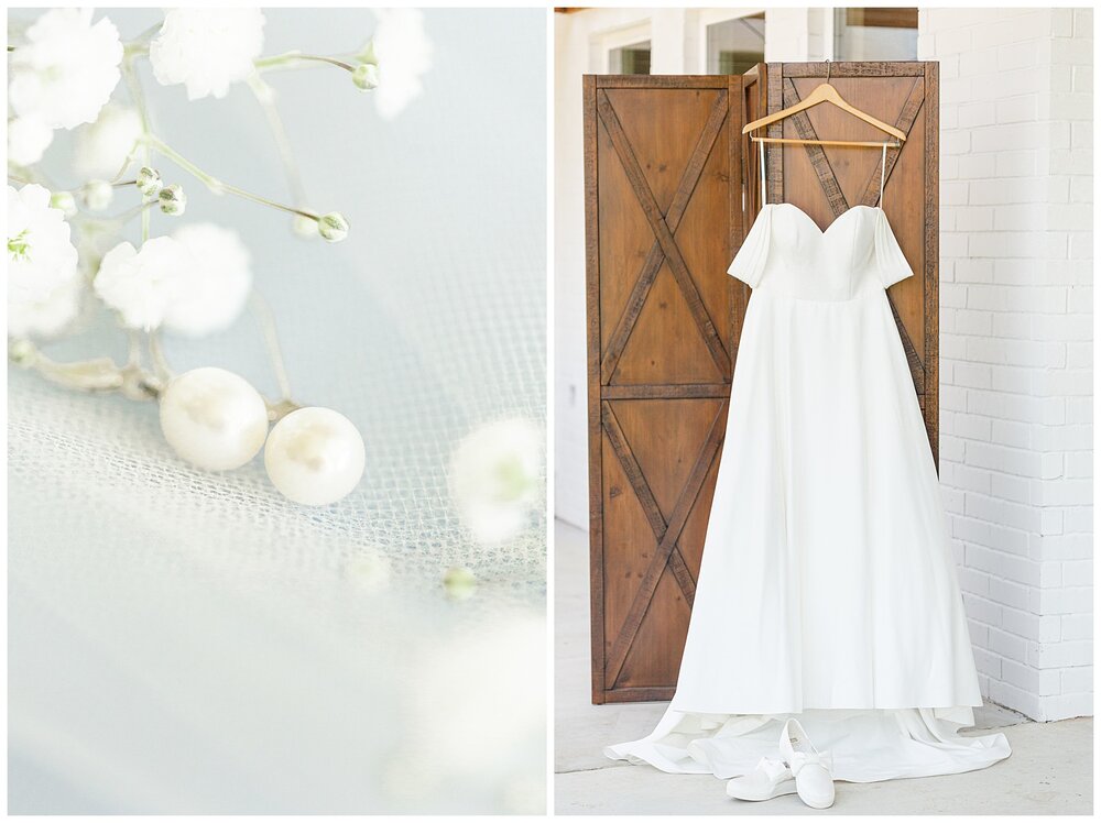 Bailey's pearl earrings and elegant wedding dress at A Holy Family Cathedral Wedding.