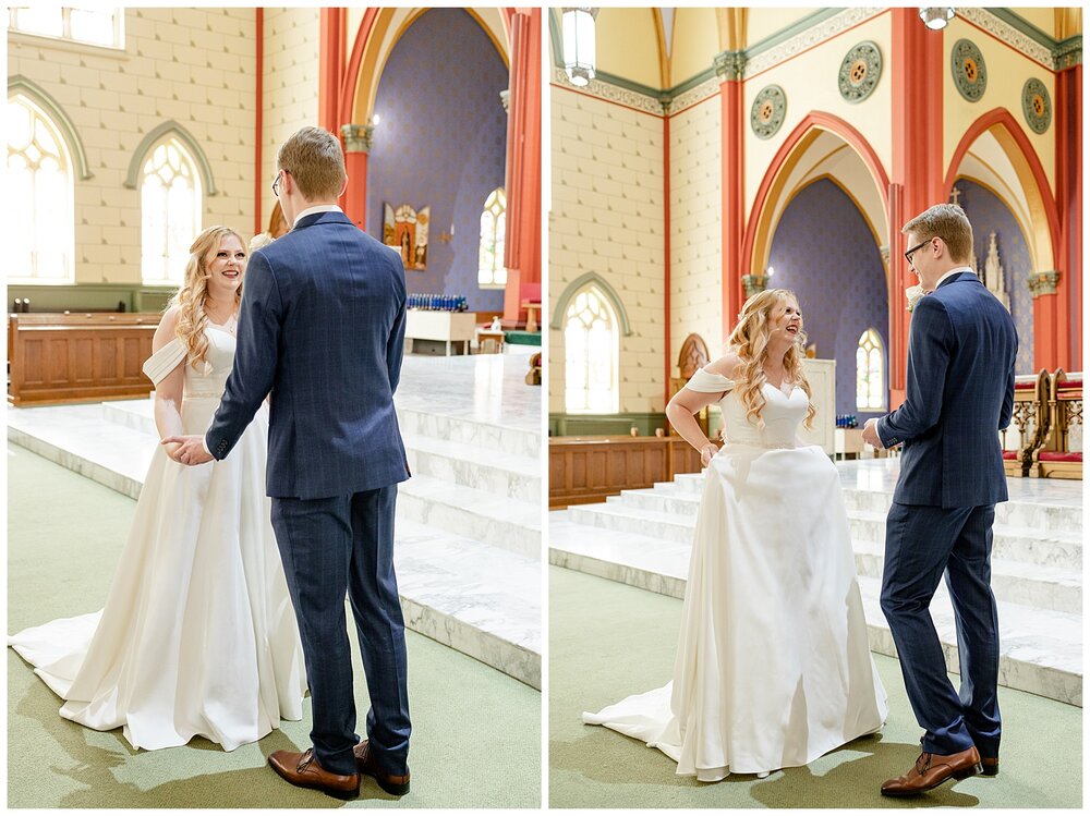 Bride and groom seeing each other for the first time at their Holy Family Cathedral Wedding.