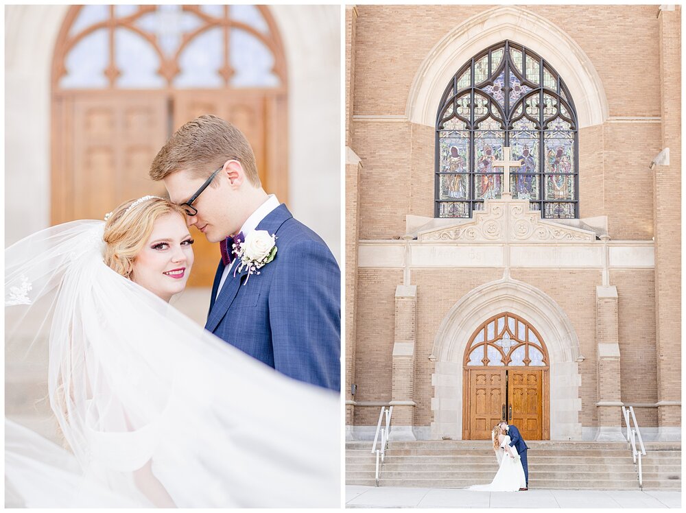 Bride and groom portraits in front of A Holy Family Cathedral Wedding.