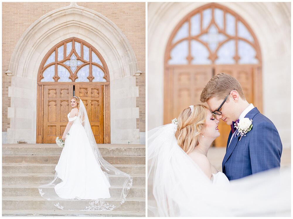 A Holy Family Cathedral Wedding portraits of bride and groom outside with stained glass windows.