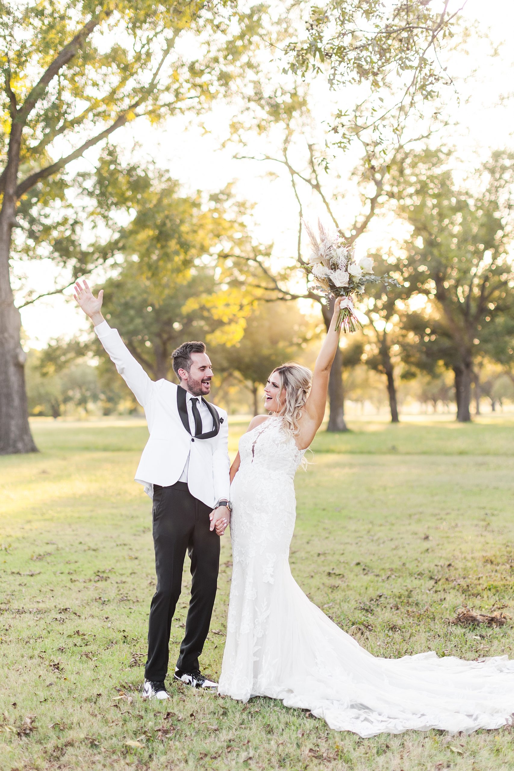 Bride and groom after their wedding at Pecandarosa Ranch in the grove. 
