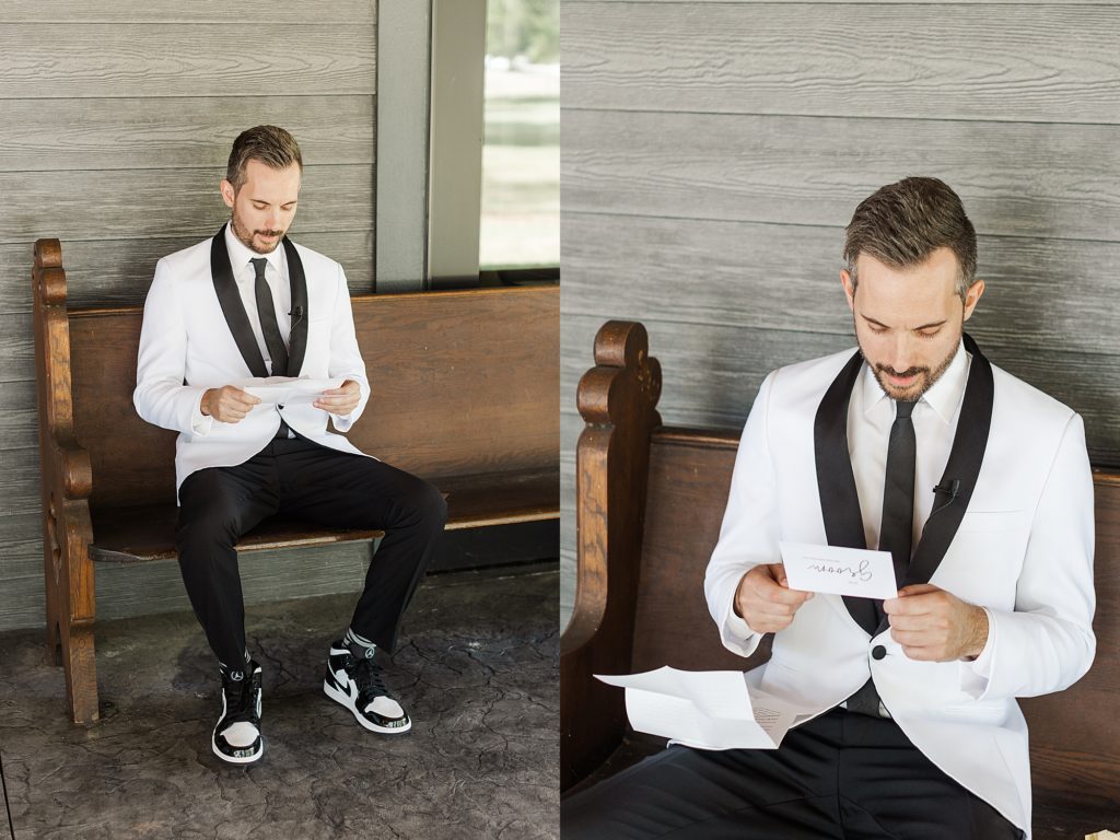 Tyler on his wedding day at Pecandarosa Ranch reading a letter. 