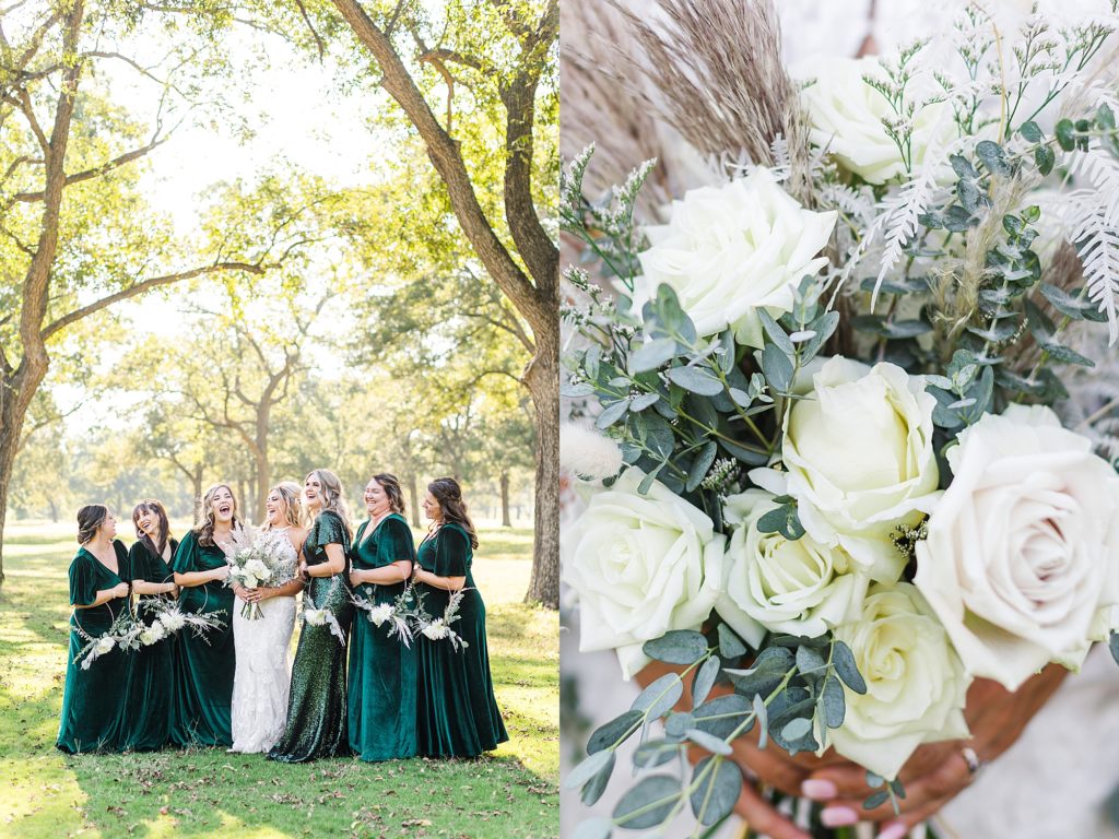 Elegant bridesmaids in emerald green dresses at Pecandarosa Ranch wedding.