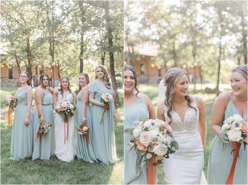 Glamorous bridesmaids shot in the trees at sunset.