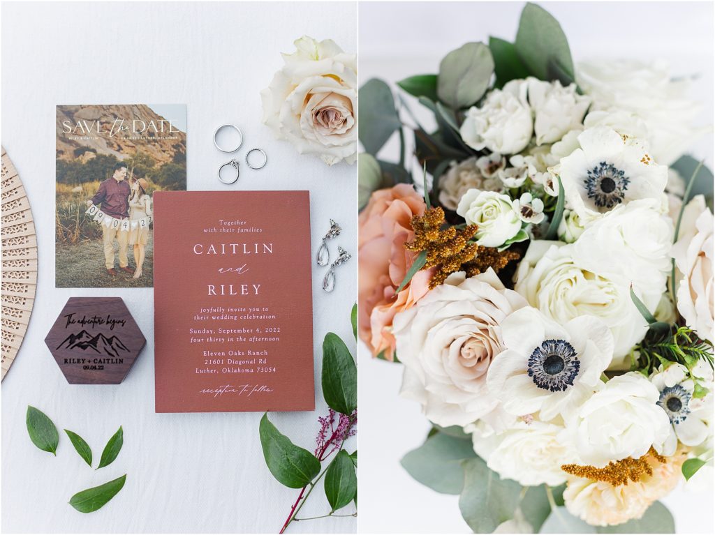Elegant and earthy wedding invitations decorated with a lush bouquet of flowers.