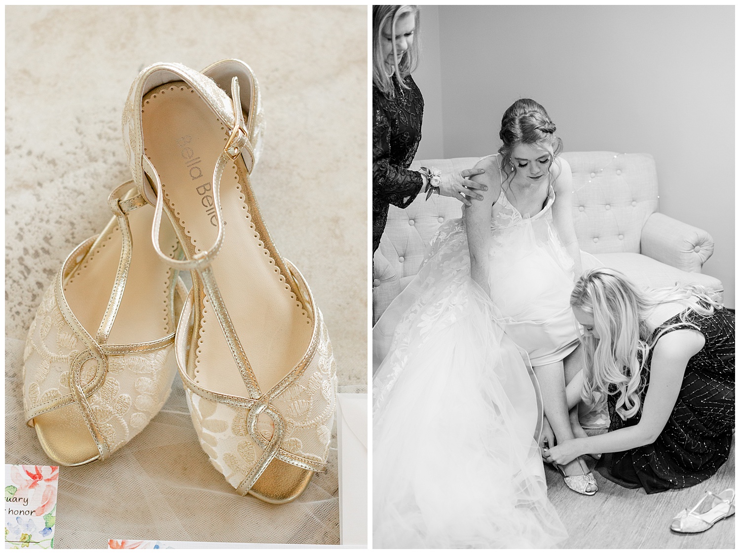 Bride getting her shoes on before her rainy wedding.