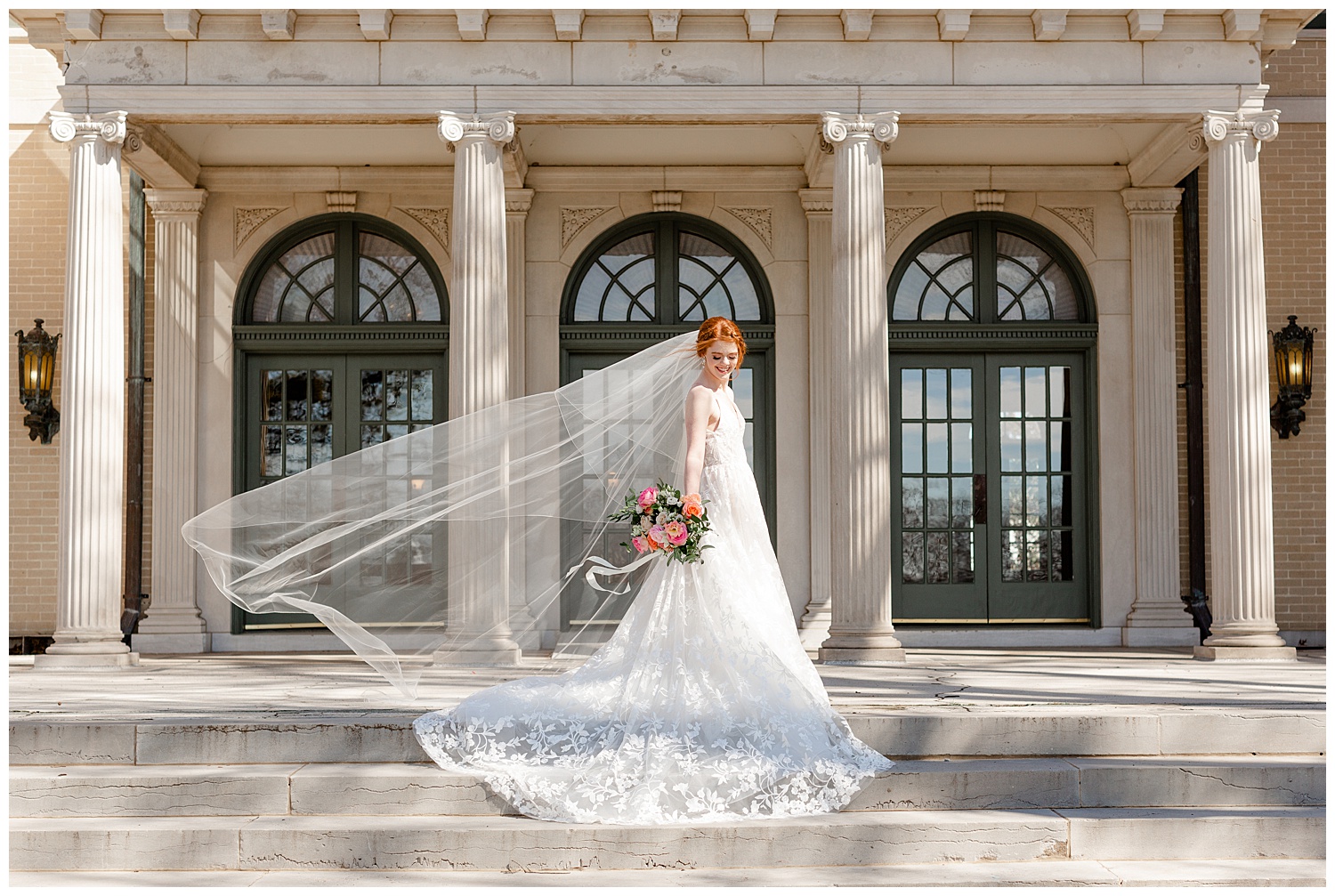Cathedral veil flowing at the mansion at woodward park.