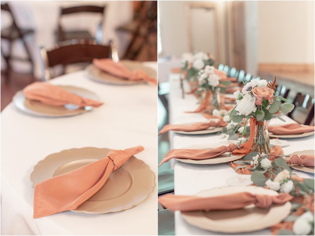 coral and sage place setting for wedding held at Eleven Oaks Ranch.