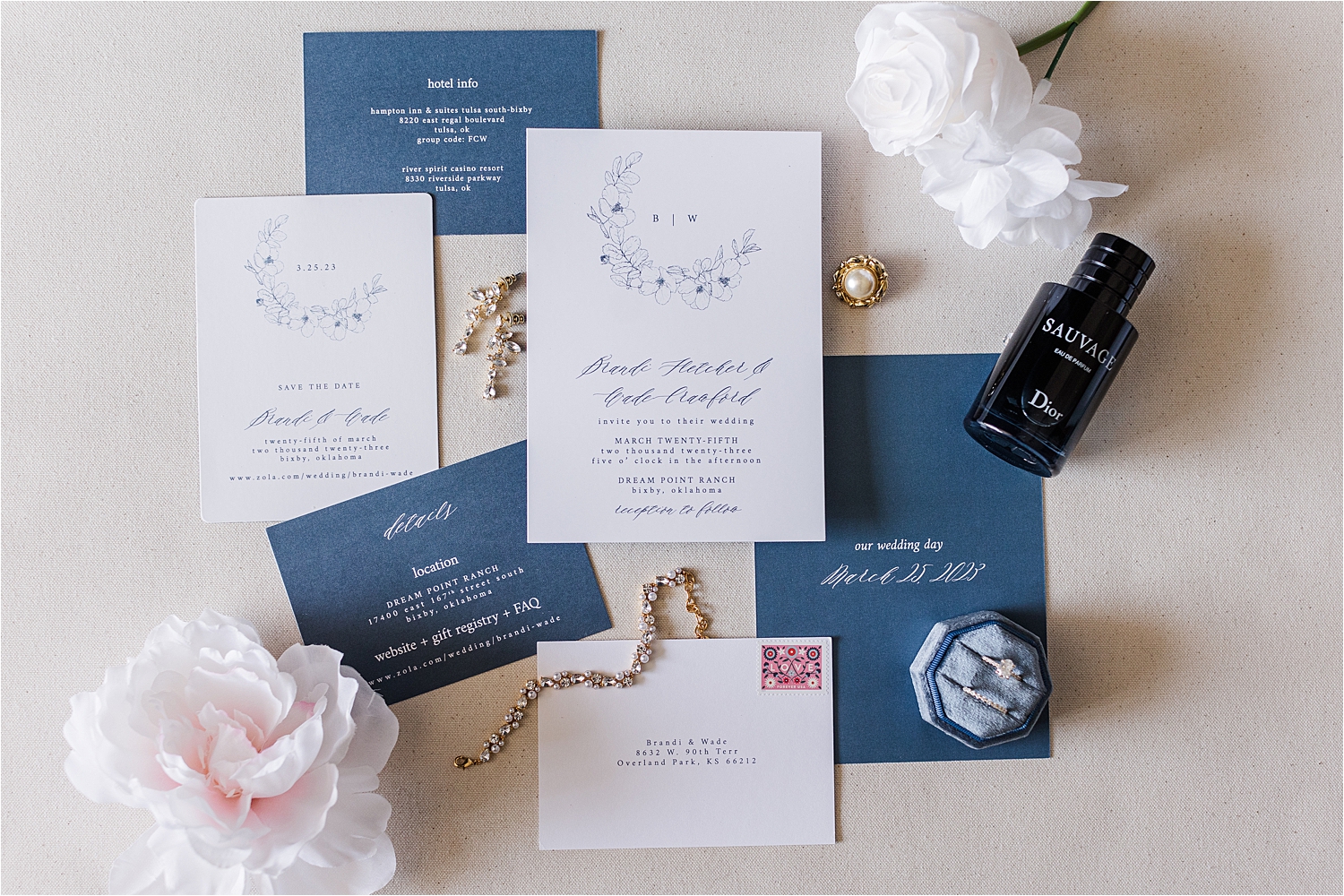 Dream Point Ranch Wedding invitation suite with jewelry details.