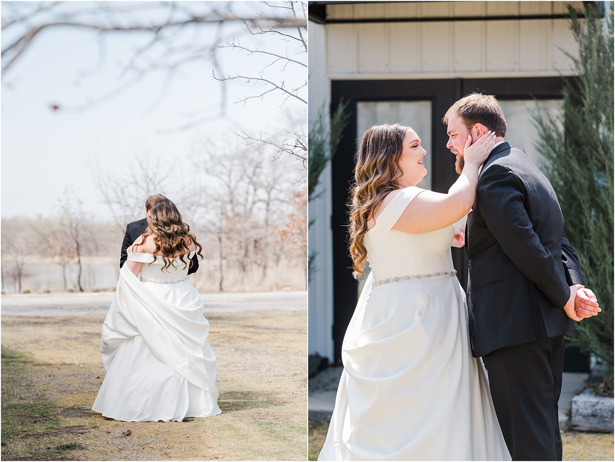 A sweet moment between the. bride and groom at their Dream Point Ranch Wedding.