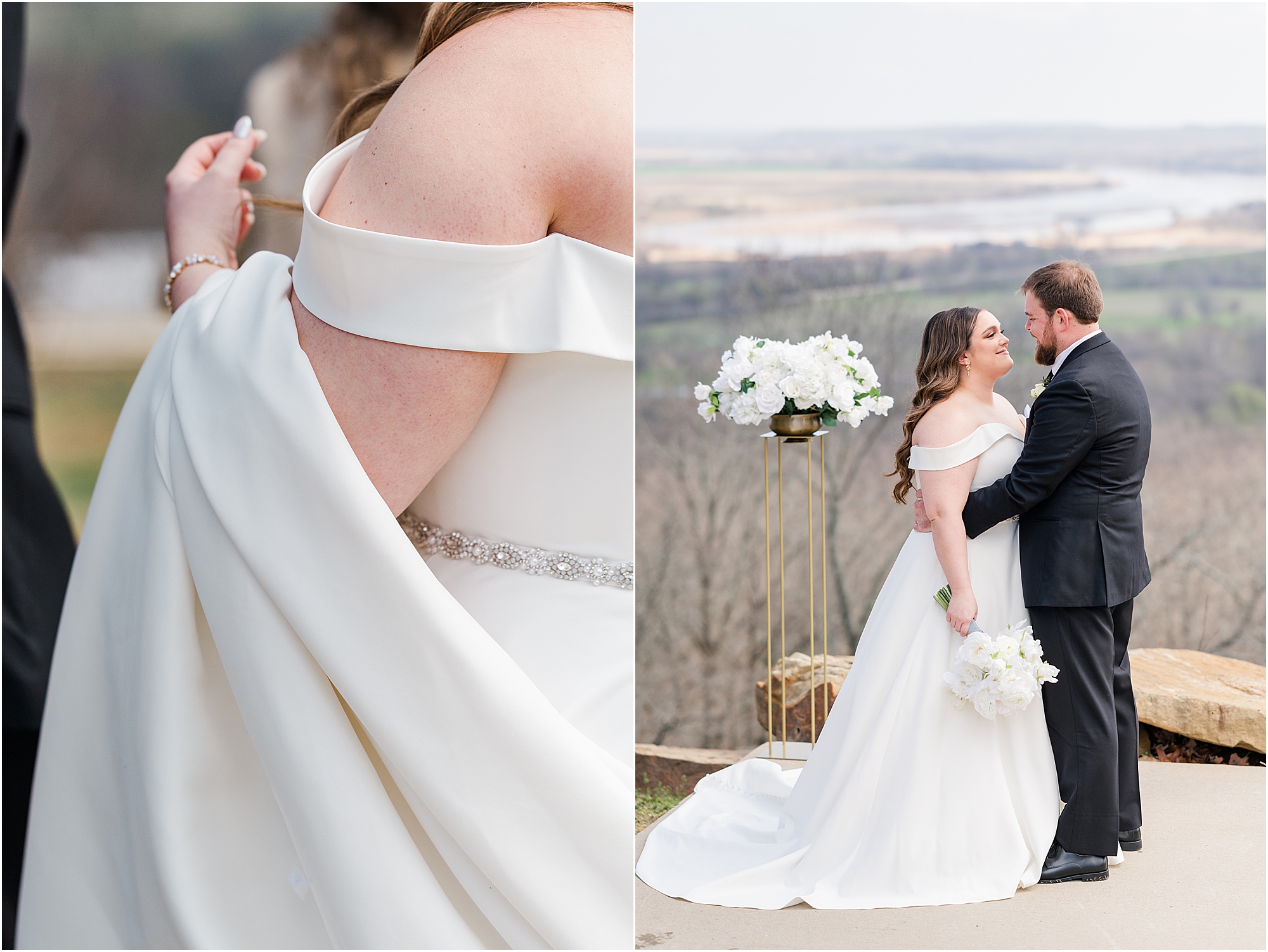 Bride and groom at the altar with mountain like views at their Dream Point Ranch Wedding.