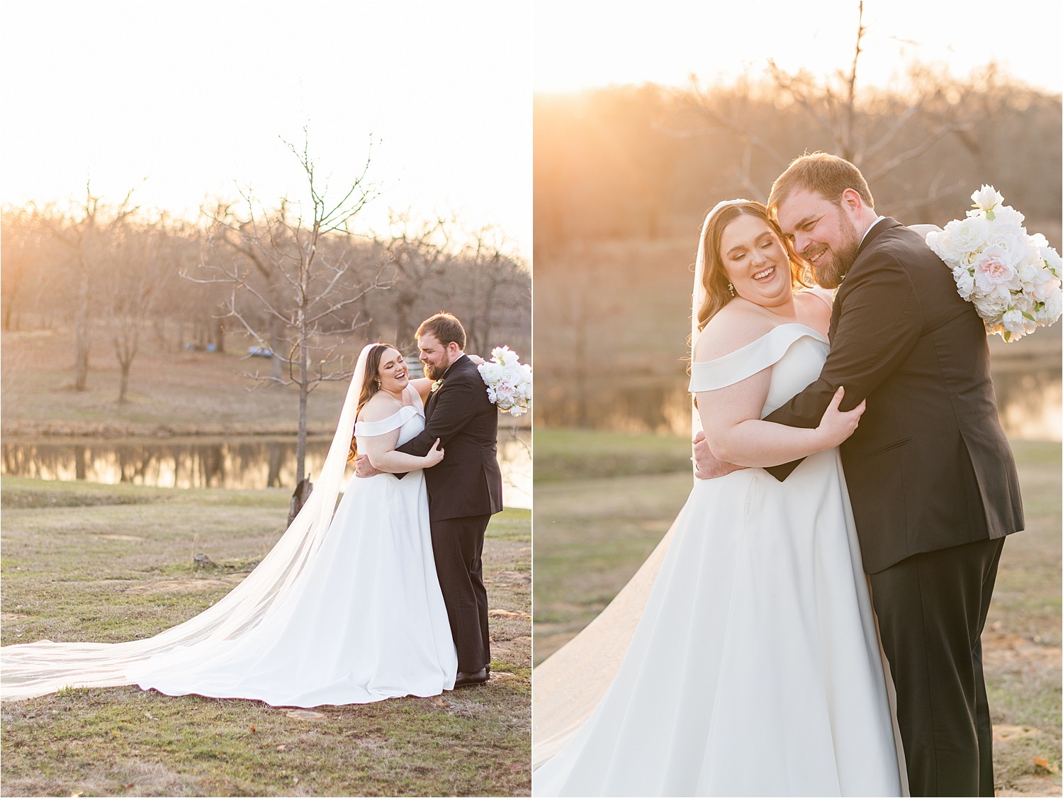 Dream Point Ranch Wedding portraits at sunset by the water. 