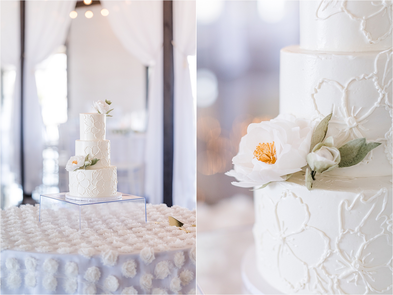 A beautiful wedding cake with handmade, edible flowers at Dream Point Ranch.