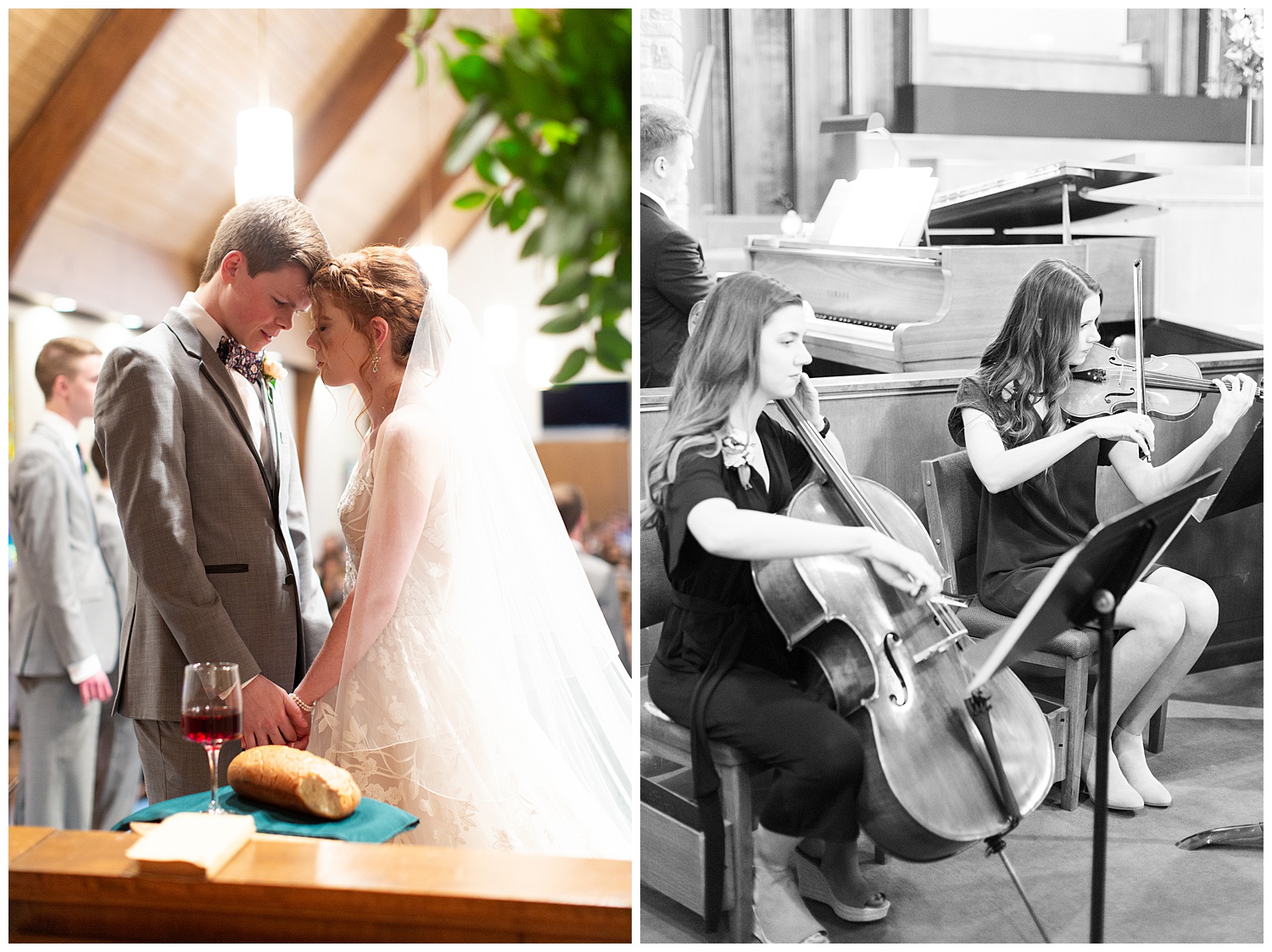 Live string instruments during a rainy spring wedding day.