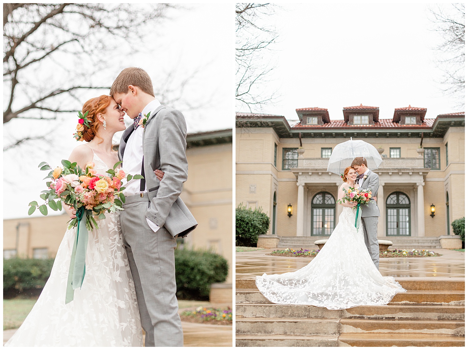 Bride and groom at the mansion at woodward park on a rainy spring wedding day.