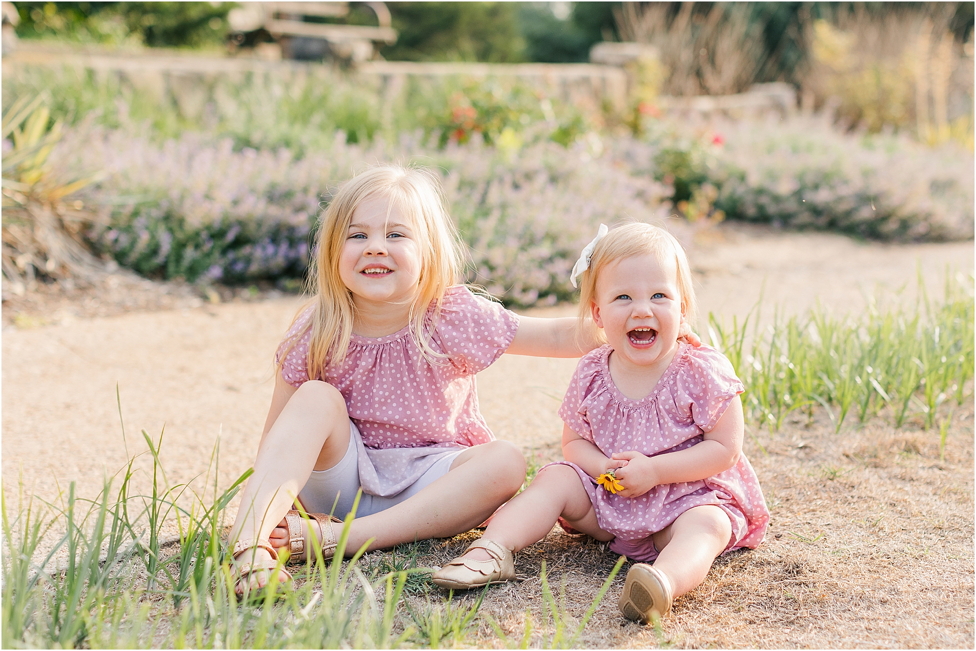 two sisters sitting in the grass of the rose garden at a summer family photo session.