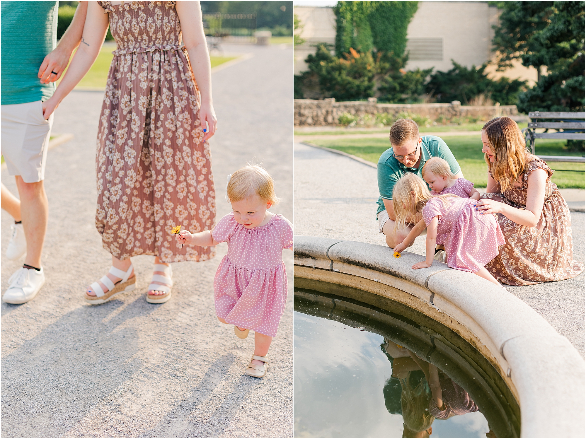 A summer family photo session in front of a fish pond in the rose garden.
