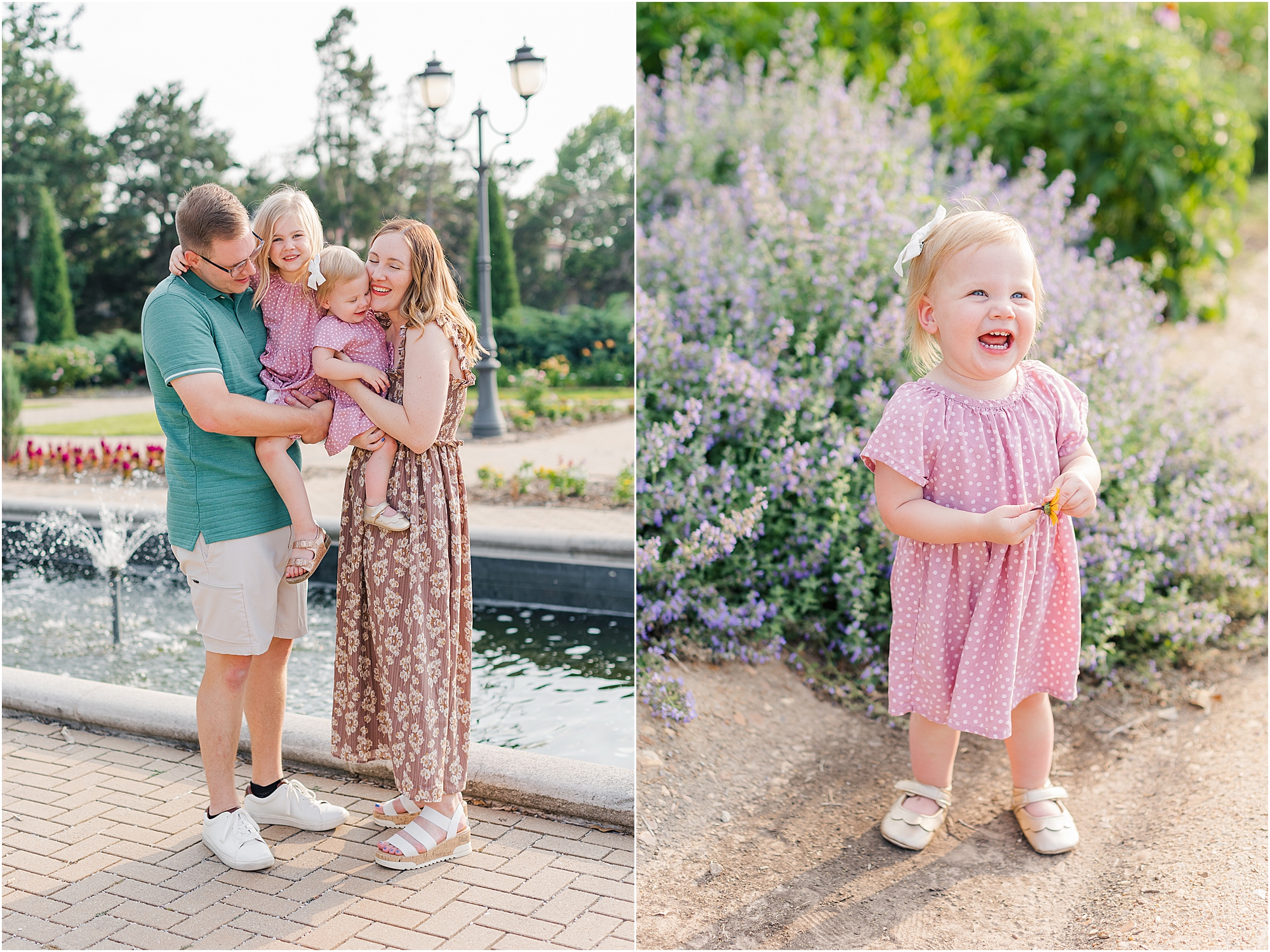 Joyful family laughing at their summer family photo session in the flower garden.