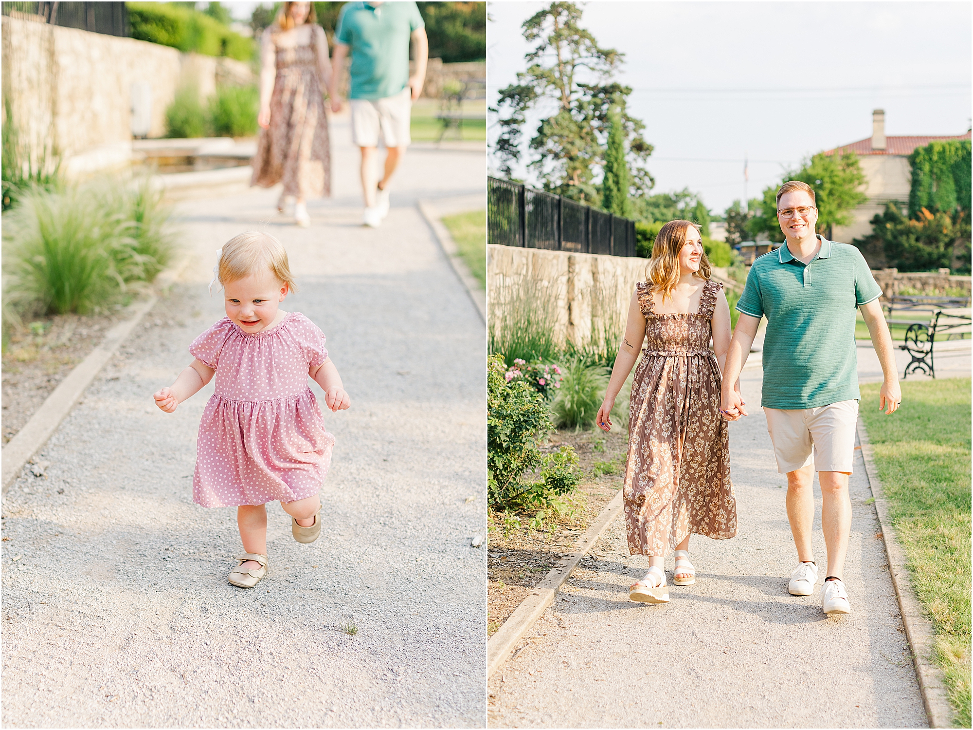 parents walking down the path at woodward park at their summer family photo session.
