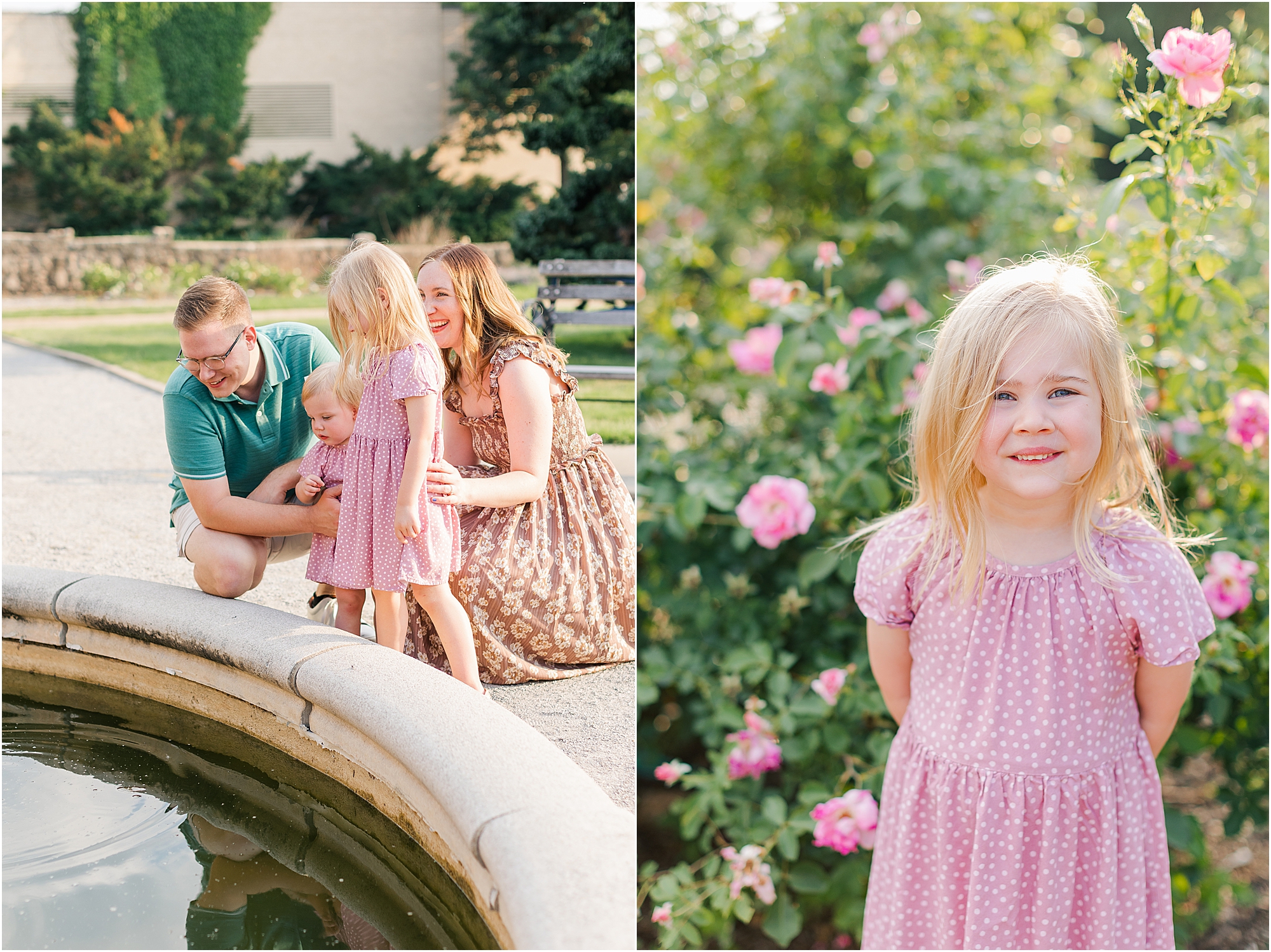 Pretty girl standing in front of a pink rose bush during the summer family photo session.