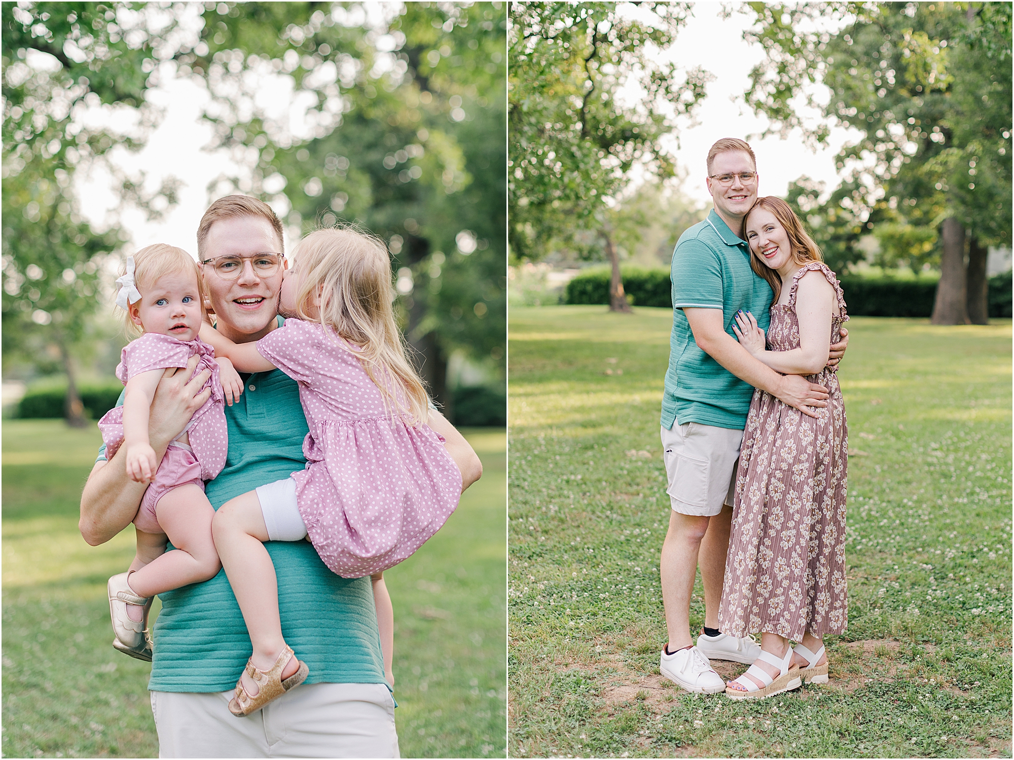 Daughters give their dad a kiss in the park at their summer family photo session.