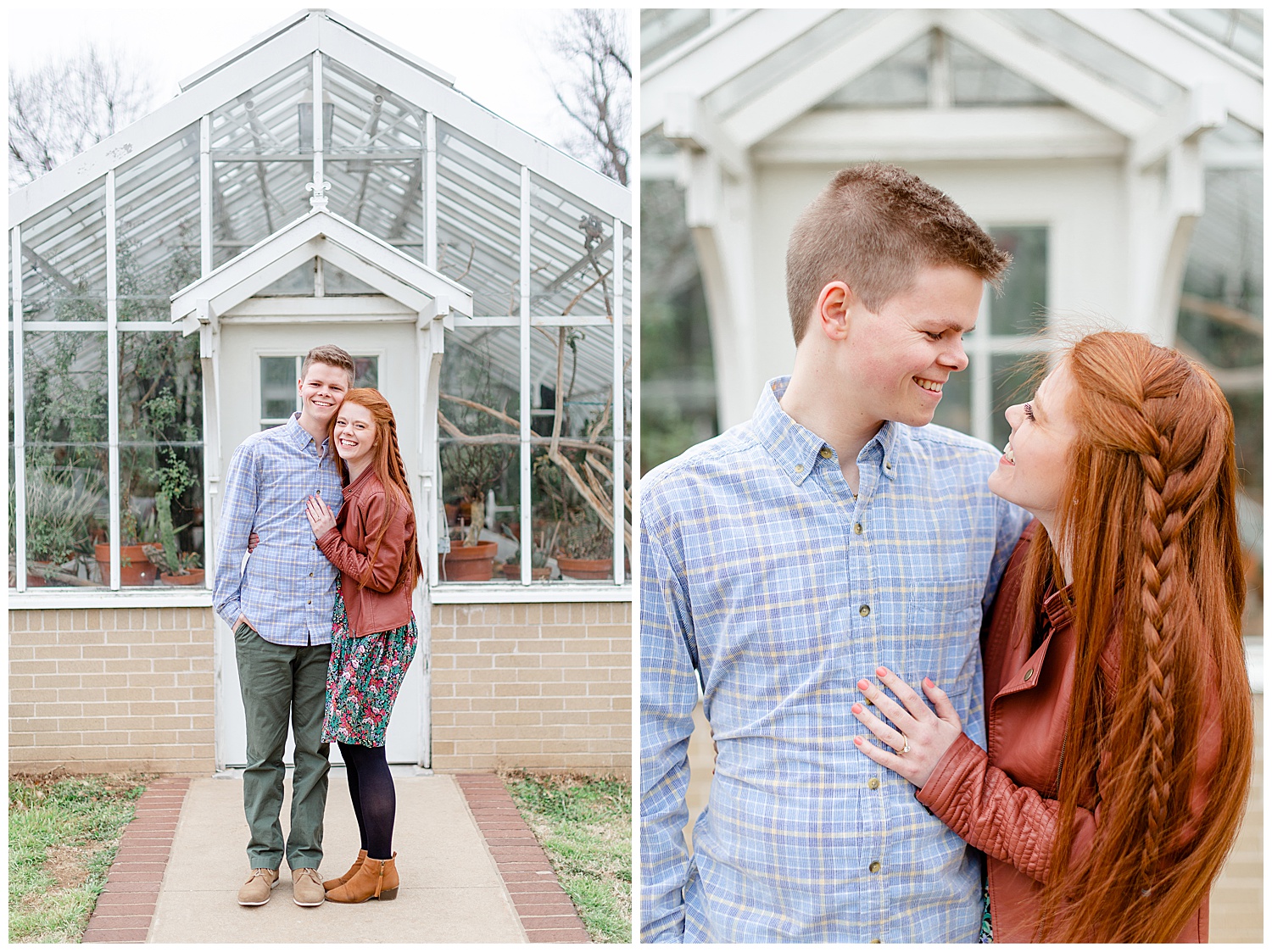 Ashley and Grant in front of a greenhouse during their spring engagement session.