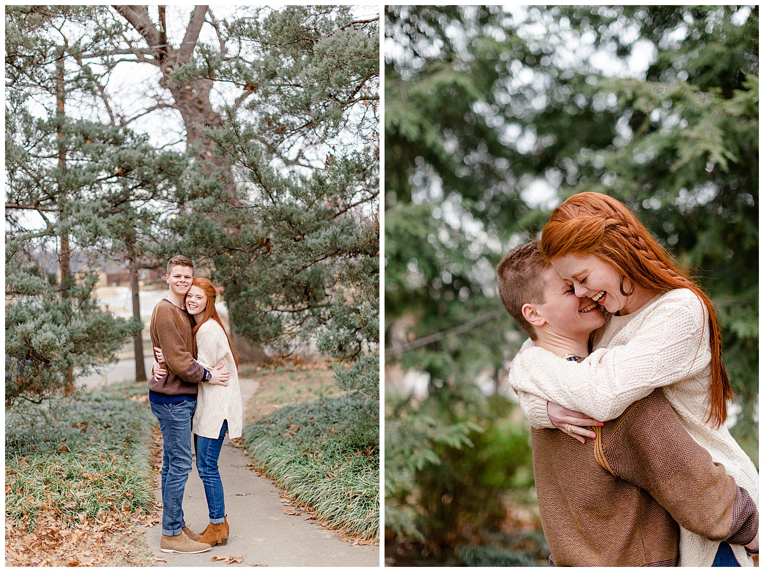 A couple taking engagement photos in the evergreen trees at woodward park.