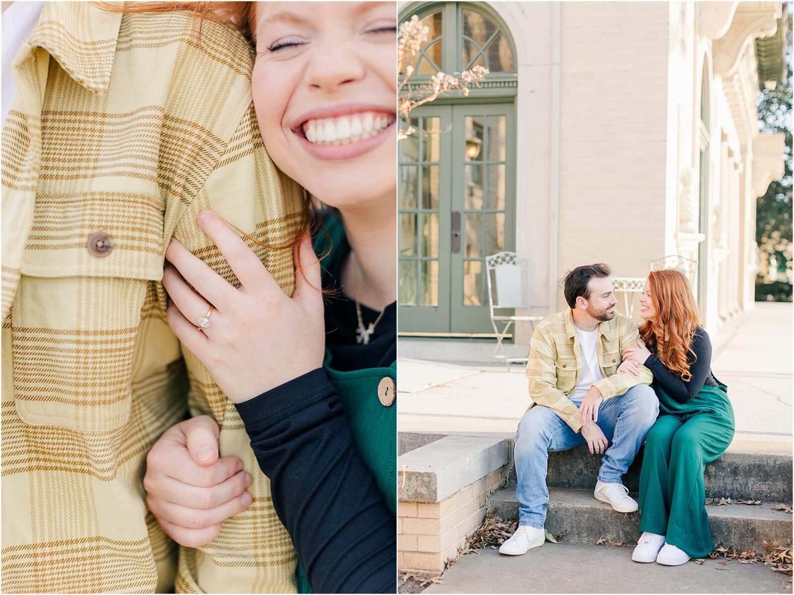 a garden engagement session on the front porch of the mansion at woodward park.