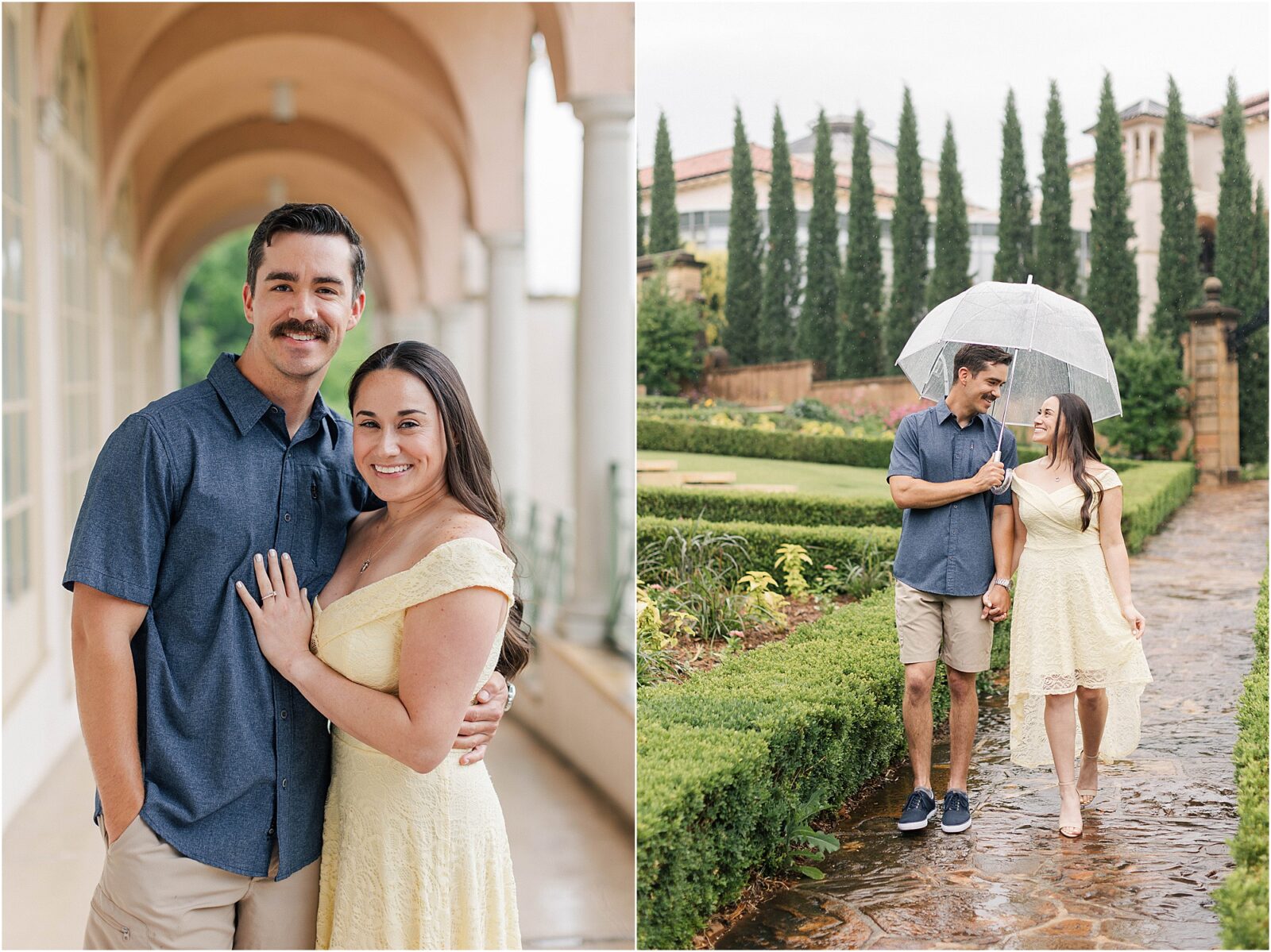 Marie and Mark taking a walk through the Tuscan gardens during their rainy engagement session at the philbrook