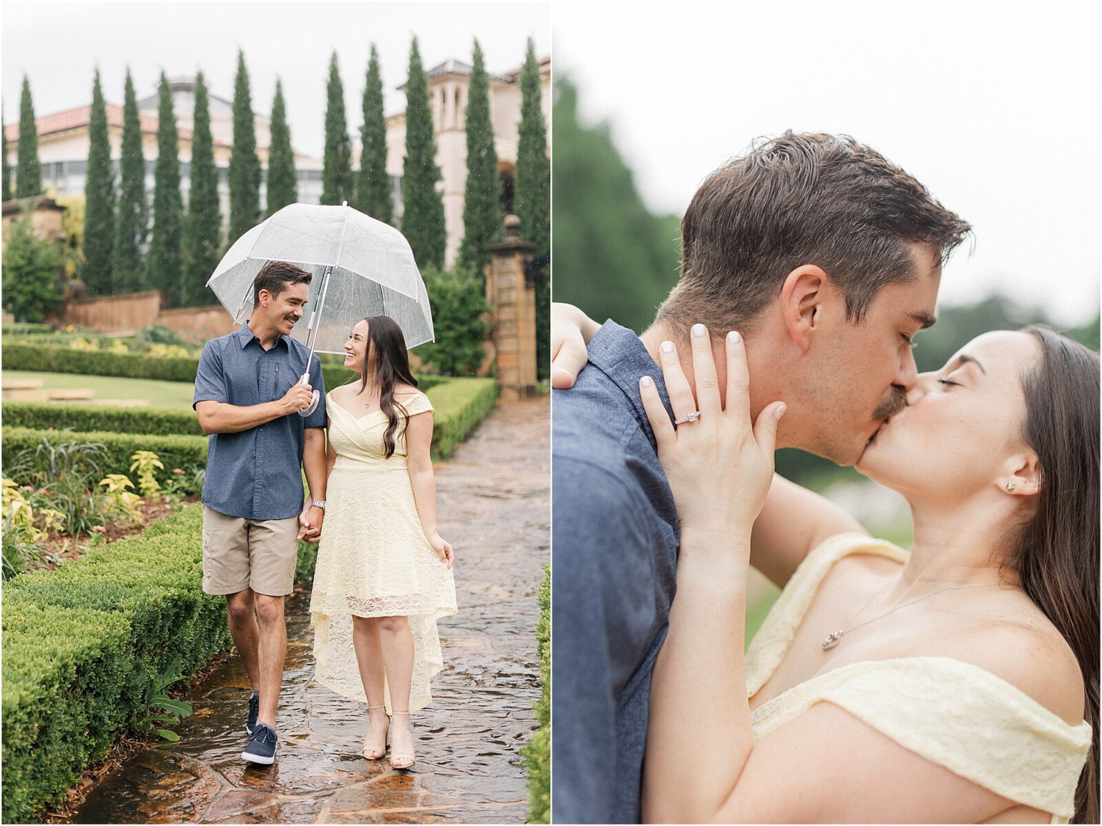 Romantic Tuscan garden photography during Marie and Mark's rainy engagement session at the philbrook