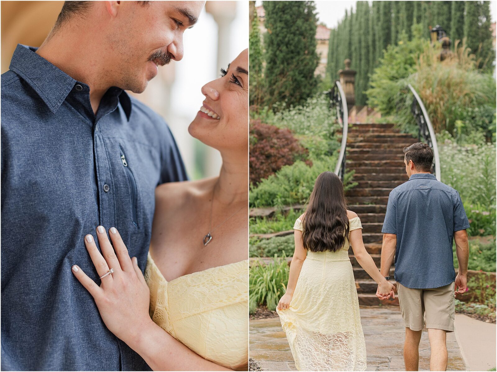 A couple walking through the Tuscan garden during their rainy engagement session at the philbrook
