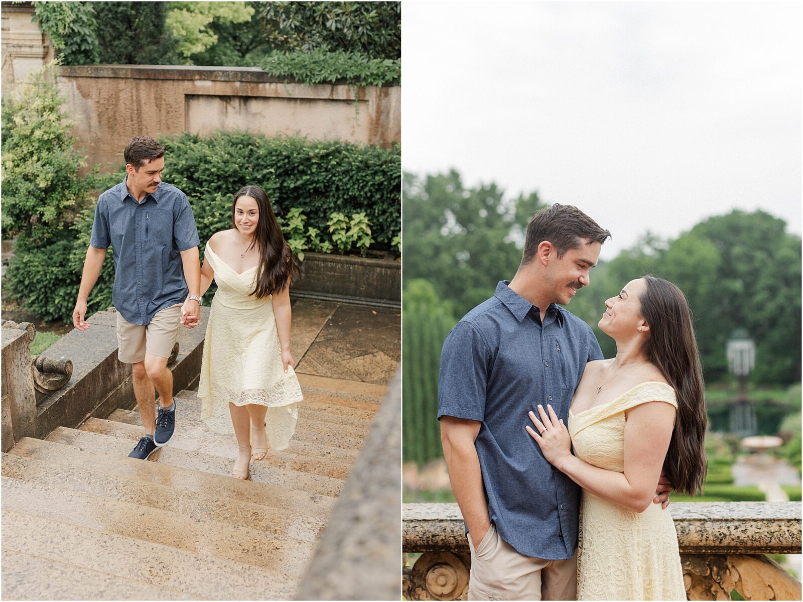 a couple Walking up the stairs of the mansion at a rainy engagement session at the philbrook