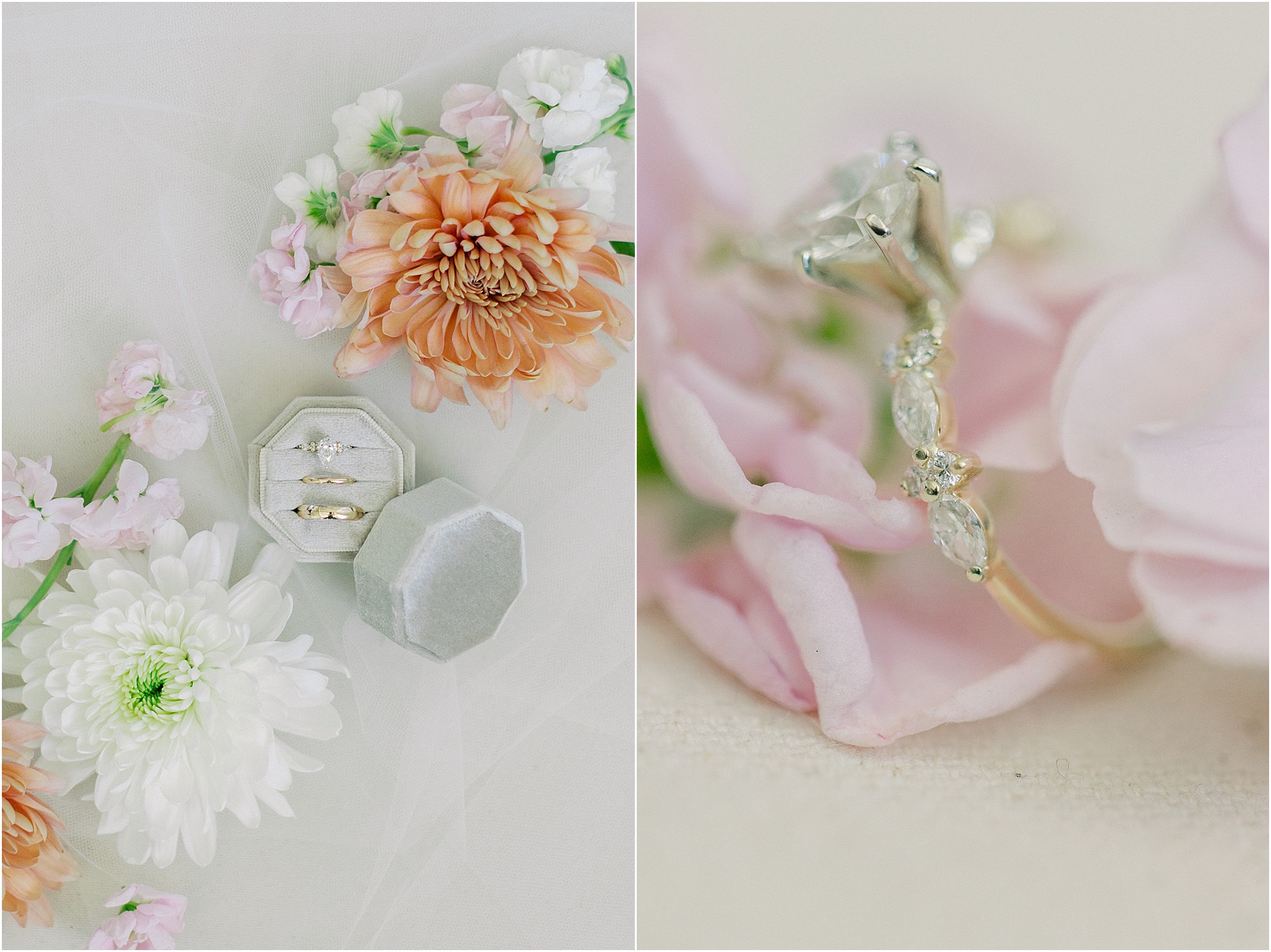 Elegant floras and bride and groom's wedding rings at Lakeview Hills wedding venue.