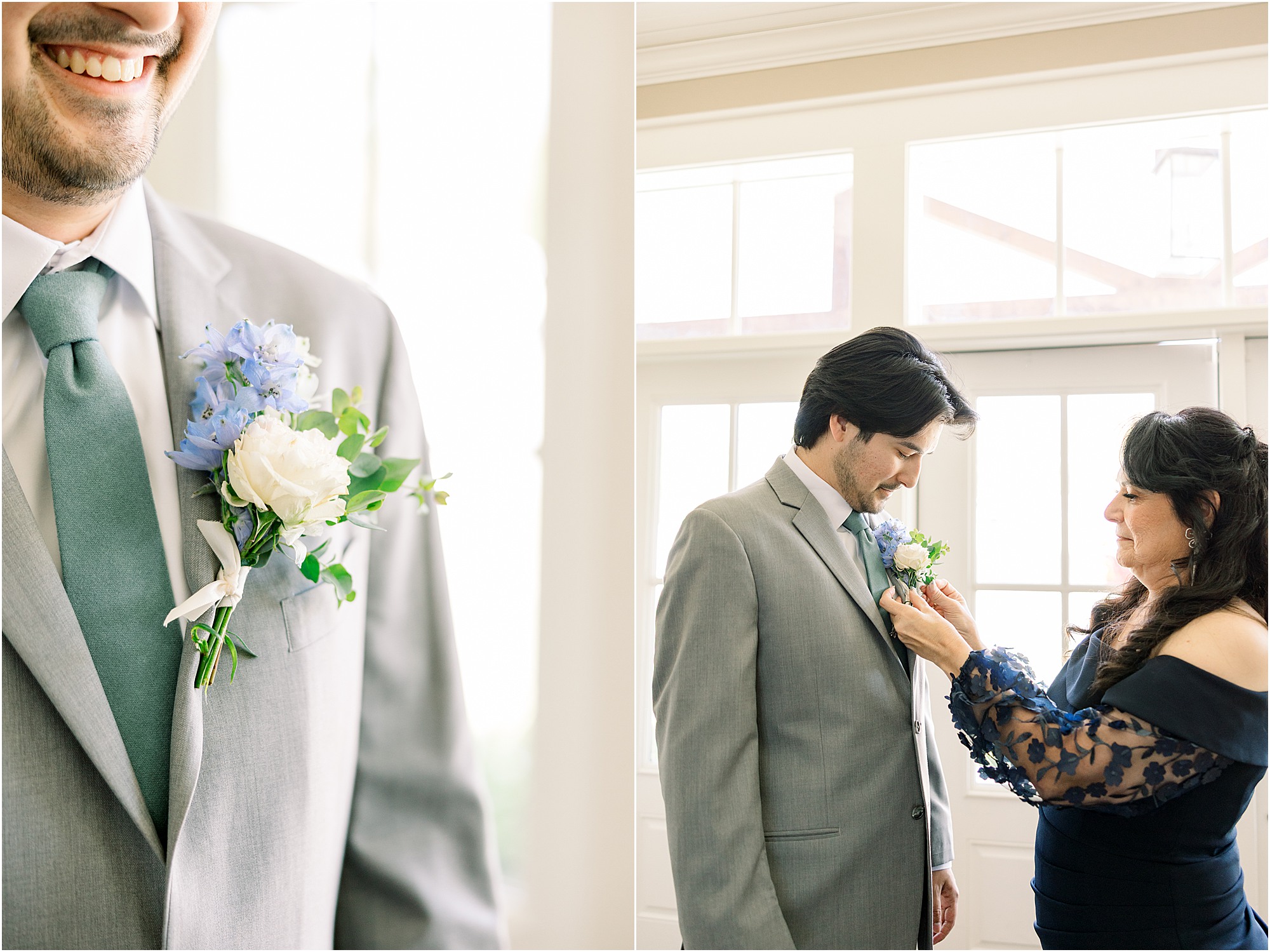 Groom's mother helping him get ready for his wedding day at Lakeview Hills wedding venue.