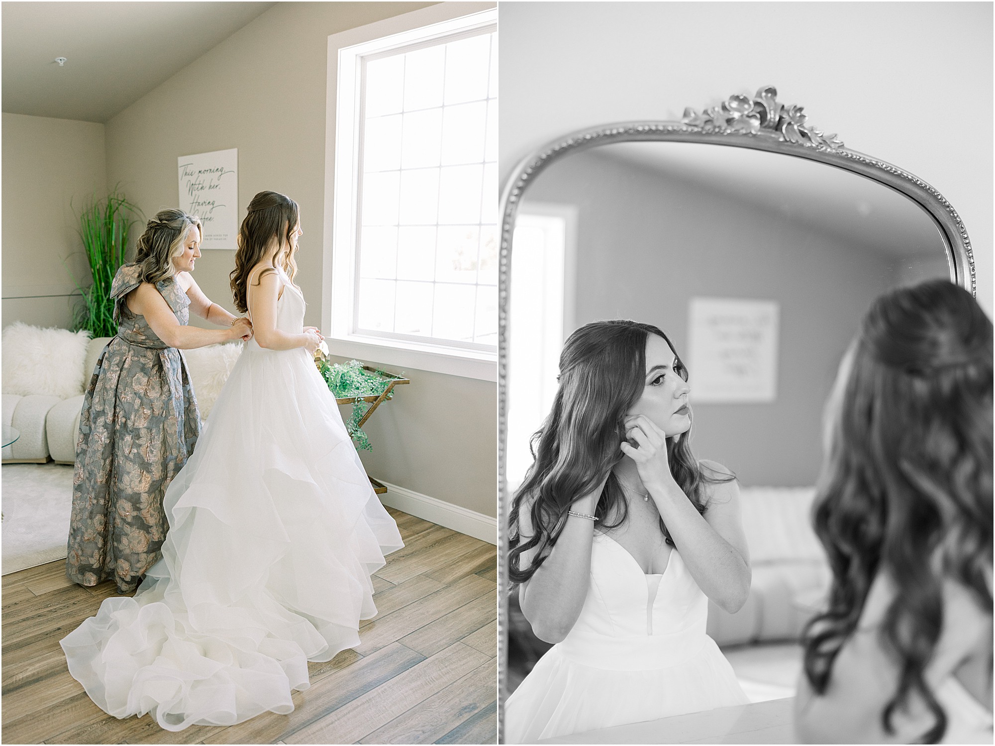 A bride's mom helping her get dressed for her wedding day in Lakeview Hills wedding venue bridal suite.