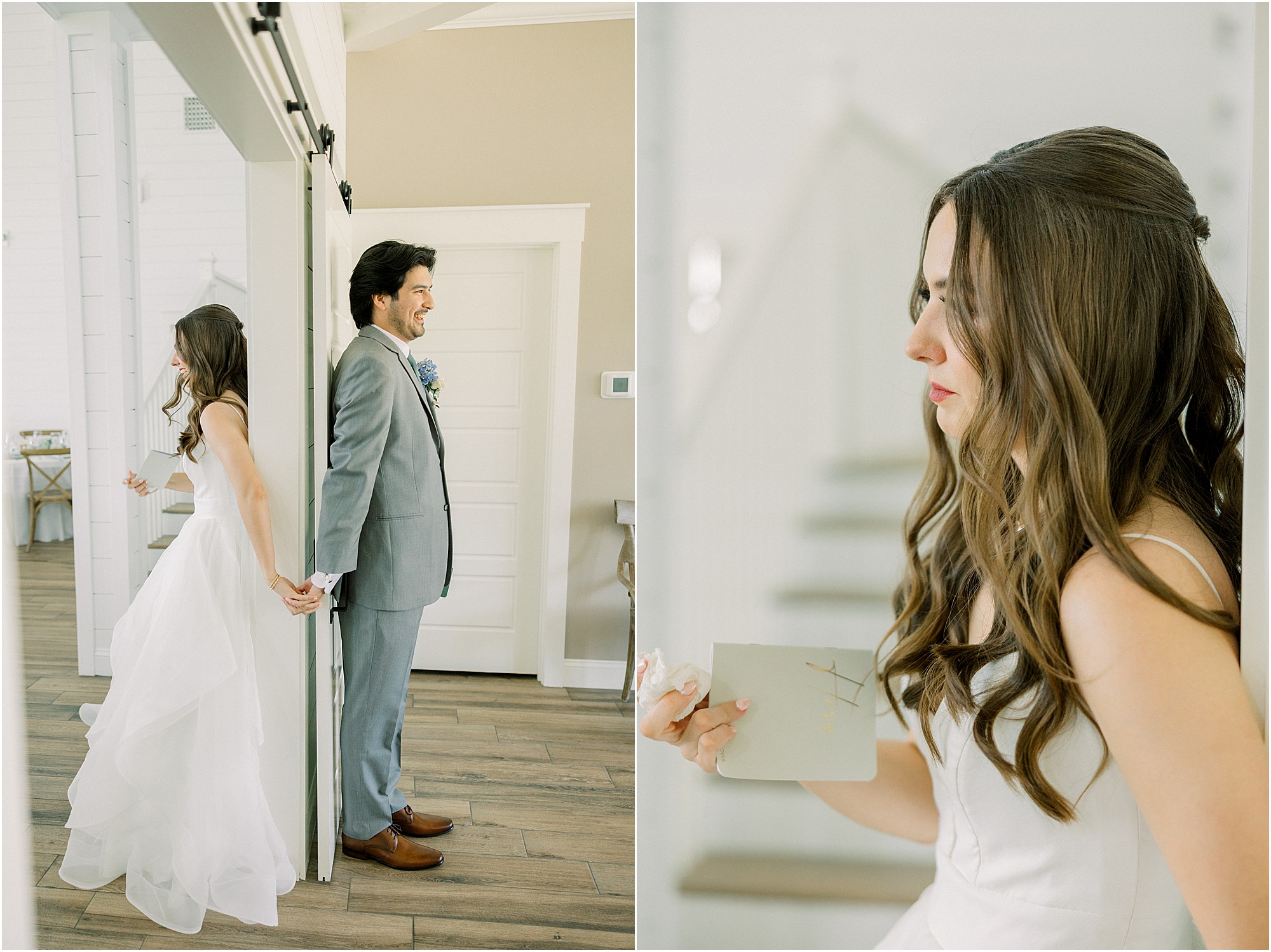 A bride and groom's first touch and reading of private vows at Lakeview Hills wedding venue in Oklahoma.