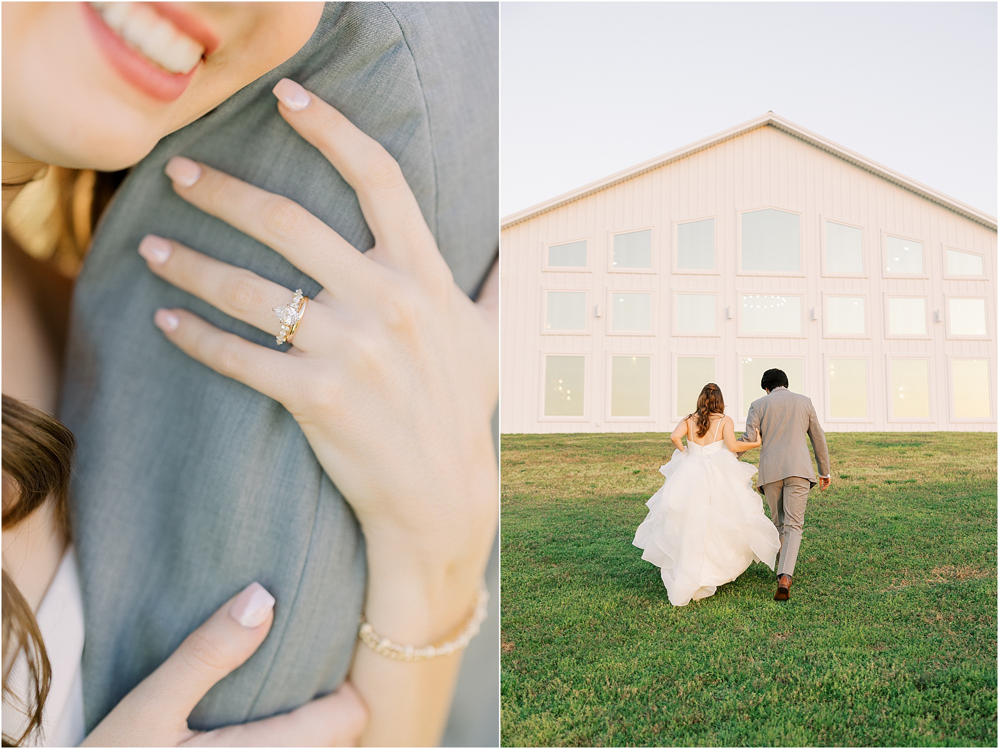 Walking toward their wedding reception inside of Lakeview Hills wedding venue on a glowy Spring day.