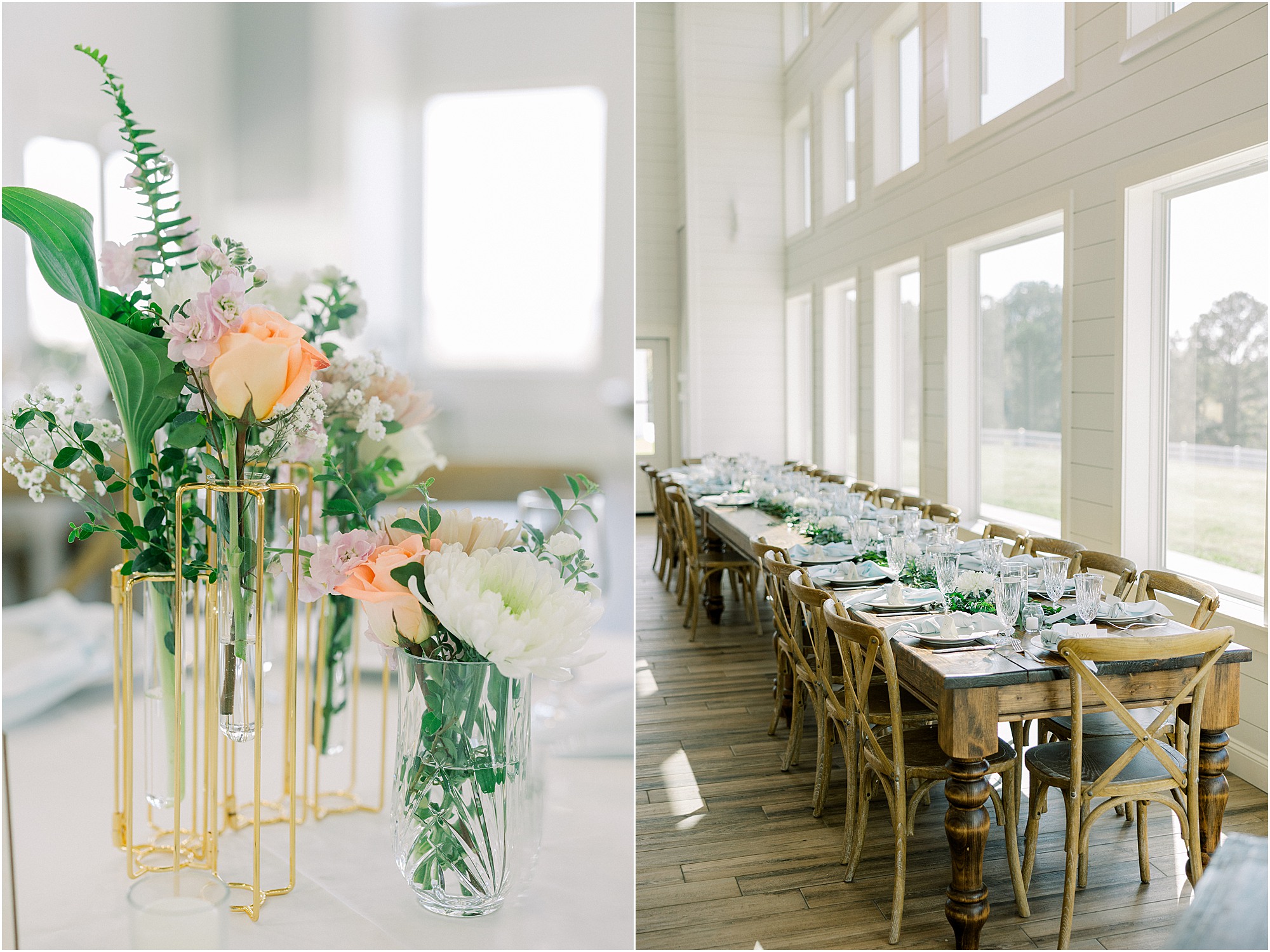 Elegant reception details at Lakeview Hills wedding venue on a glowy spring day.